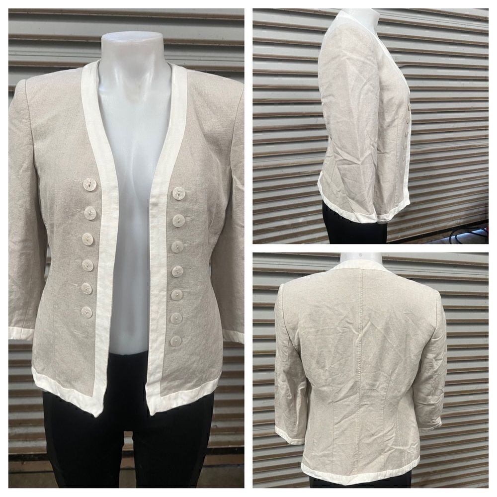 Harve Bernard open front blazer career linen blend beige with cream size 4
